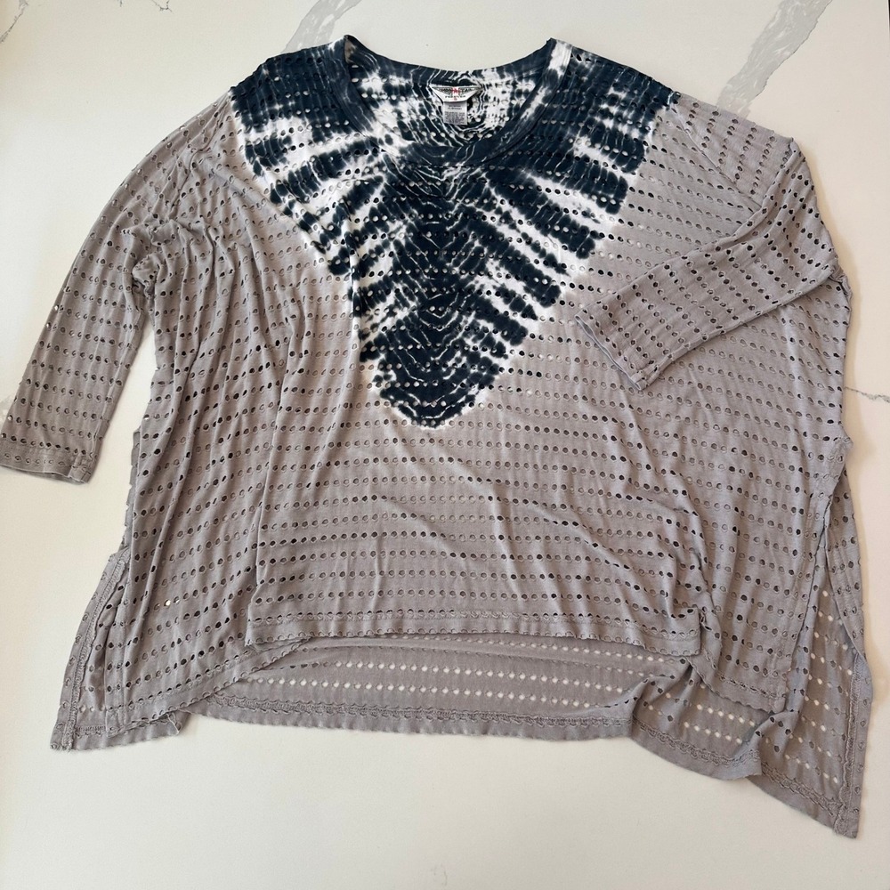 Hard Tail Forever Tie Dye Eyelet Poncho Top Taupe Black Oversized Small